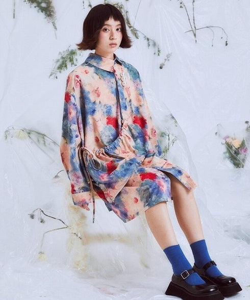 Watercolor Floral Drawstring Shirt Dress